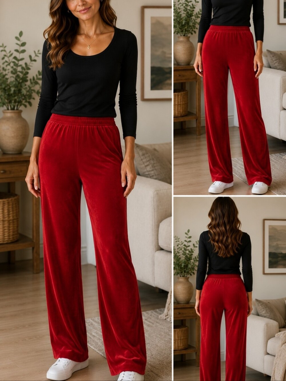 Tabi Active Red Velour Pull-On Wide Leg Pants